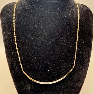 Stella Dot Gold Tone Curved Bar‎ Necklace Pave Crystal Smile Pendant